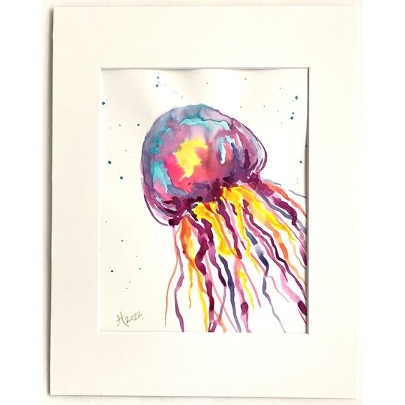 Colorful Jelly 3 -Original Wall Art Watercolor Painting Matted Frame Ready 11x14 - Picture 2 of 7